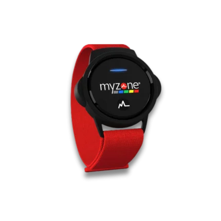Myzone Switch heart rate monitor being worn on the chest during a high-intensity workout in a Dubai gym. Shows a person sweating and pushing their limits, highlighting the accuracy and reliability of the device in demanding conditions. Best fitness tracker in the UAE.