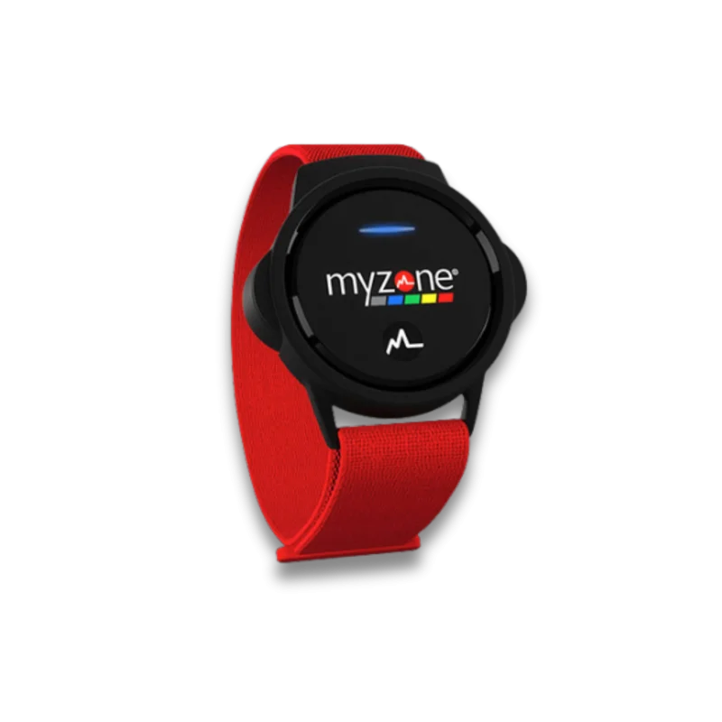Myzone Switch heart rate monitor being worn on the chest during a high-intensity workout in a Dubai gym. Shows a person sweating and pushing their limits, highlighting the accuracy and reliability of the device in demanding conditions. Best fitness tracker in the UAE.