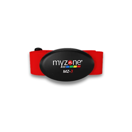Myzone MZ-3 heart rate monitor chest strap being worn by a person working out at a gym in Dubai, UAE. Shows accurate heart rate data displayed on a connected smartphone. The best way to track your effort and maximize your fitness results.