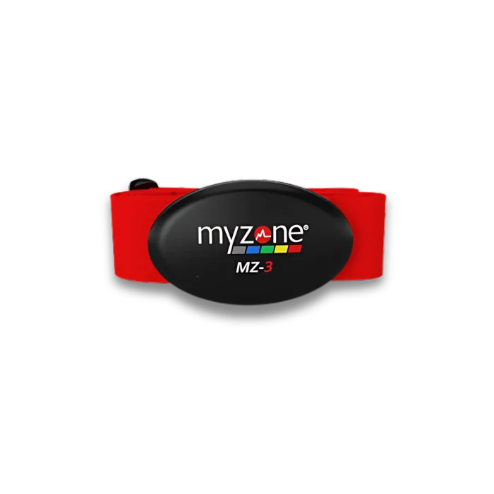 Myzone MZ-3 heart rate monitor chest strap being worn by a person working out at a gym in Dubai, UAE. Shows accurate heart rate data displayed on a connected smartphone. The best way to track your effort and maximize your fitness results.