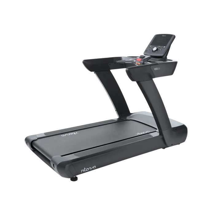Close-up of the Intenza 450Ti2S Treadmill console, displaying workout options in English, suitable for users in Abu Dhabi and across the UAE looking for gym equipment.