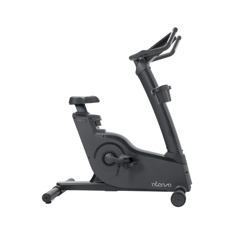 Intenza 450UBi2S Upright Bike side view, highlighting its ergonomic design and adjustable seat, perfect for comfortable workouts in Sharjah, UAE. Buy fitness bike.