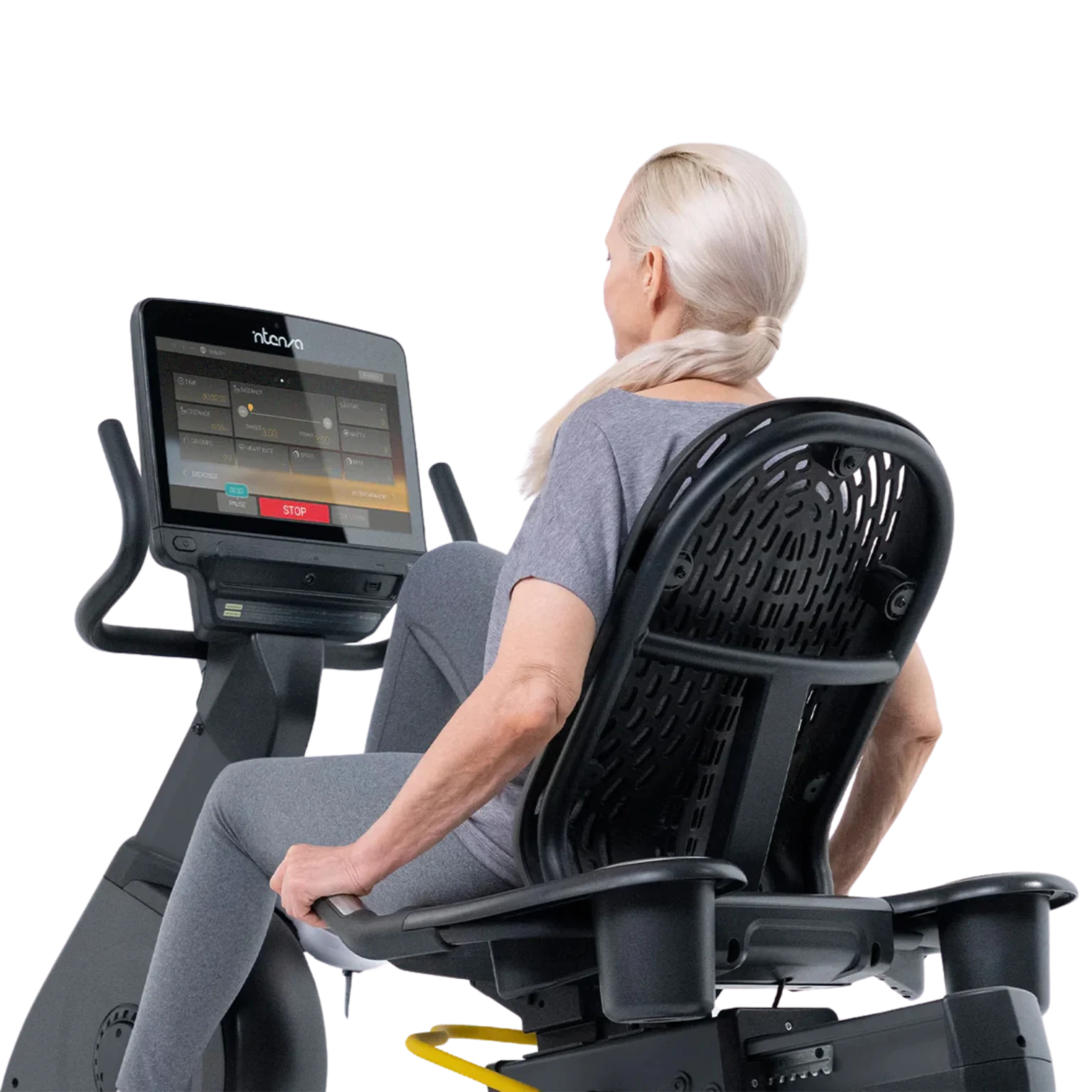 Close-up of the Intenza 550RBe2 e-console, showcasing workout data and user-friendly interface, ideal for users in Abu Dhabi and across the UAE seeking easy-to-use fitness equipment.