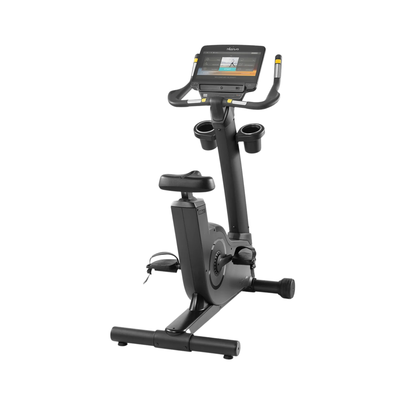 Close-up of the Intenza 550UBe2+ console, displaying workout data in Arabic, catering to a diverse user base in Abu Dhabi and across the UAE. Stationary bike for sale.
