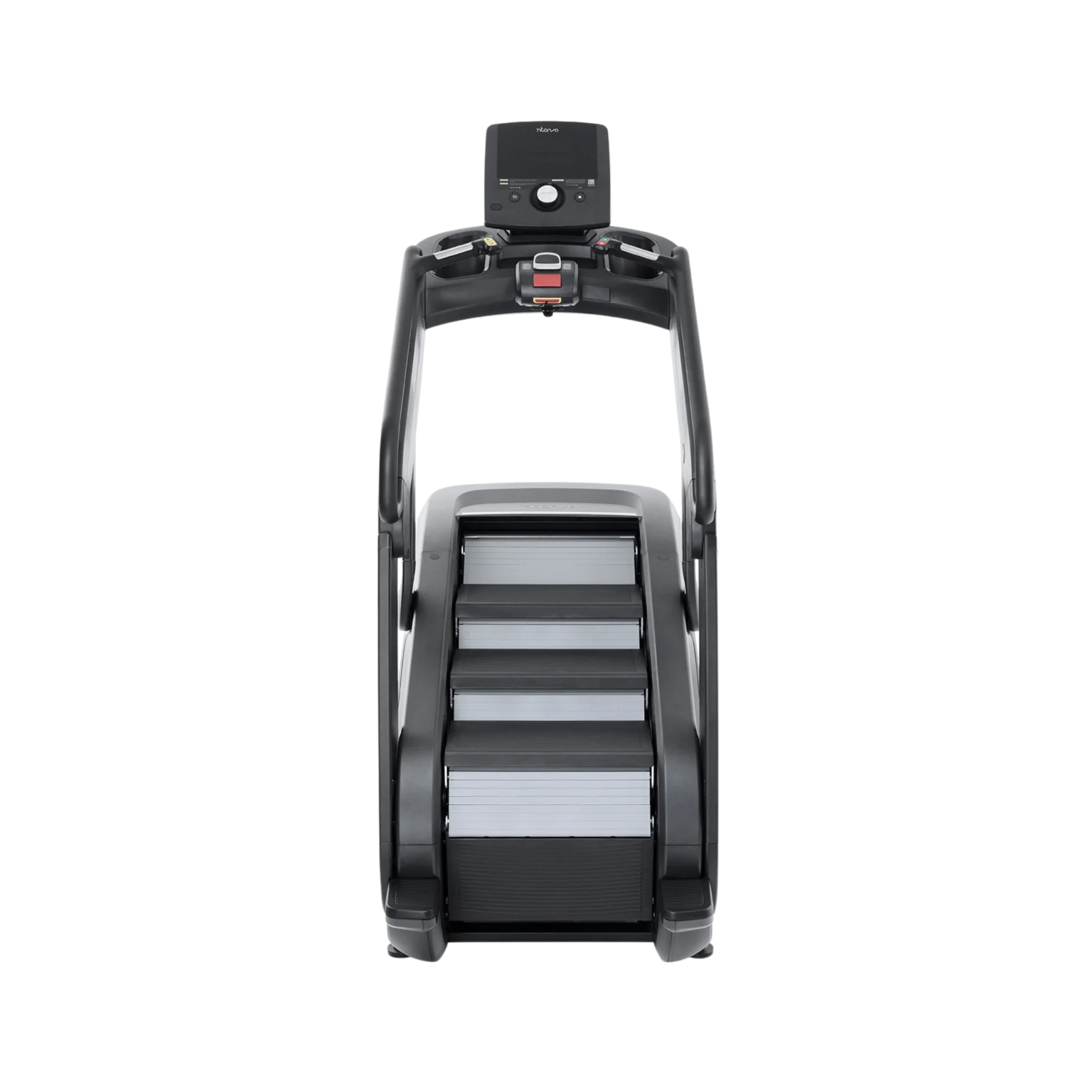 Close-up of the Intenza Escalate 450CI2S console, showing workout programs in Arabic, catering to users in Abu Dhabi and across the UAE looking for gym equipment.