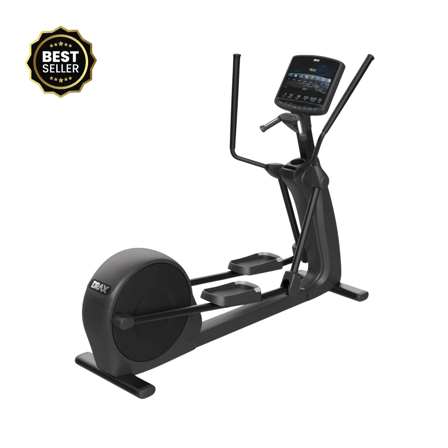 A stylish black Draxfit Elliptical showcased in a contemporary Dubai apartment setting, emphasizing its sleek design and the prominent Android touch screen, highlighting its integration of smart technology for the modern UAE home. This focuses on design and technology in Dubai.