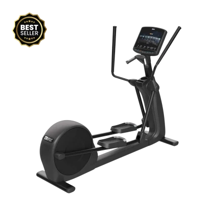 A stylish black Draxfit Elliptical showcased in a contemporary Dubai apartment setting, emphasizing its sleek design and the prominent Android touch screen, highlighting its integration of smart technology for the modern UAE home. This focuses on design and technology in Dubai.
