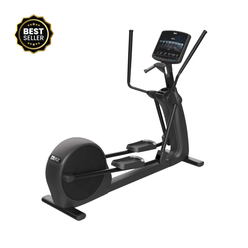 A stylish black Draxfit Elliptical showcased in a contemporary Dubai apartment setting, emphasizing its sleek design and the prominent Android touch screen, highlighting its integration of smart technology for the modern UAE home. This focuses on design and technology in Dubai.