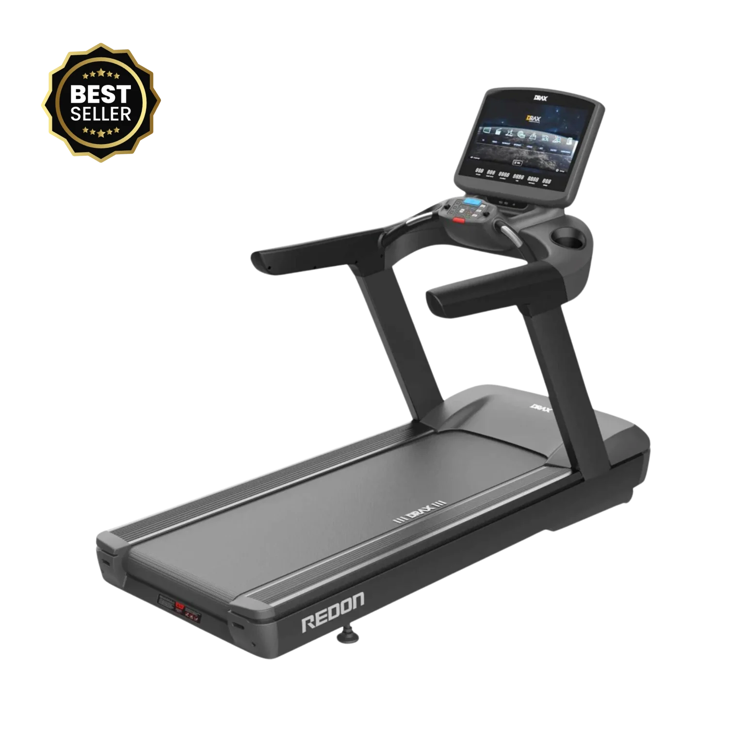 A dynamic shot of the DRAXFIT Treadmill New Redon NRED20X Treadmill in a high-end Dubai fitness center, showcasing its sleek design and the large Android touch screen displaying workout metrics and entertainment options, highlighting its advanced technology for serious athletes in the UAE. This emphasizes advanced tech in a Dubai setting.