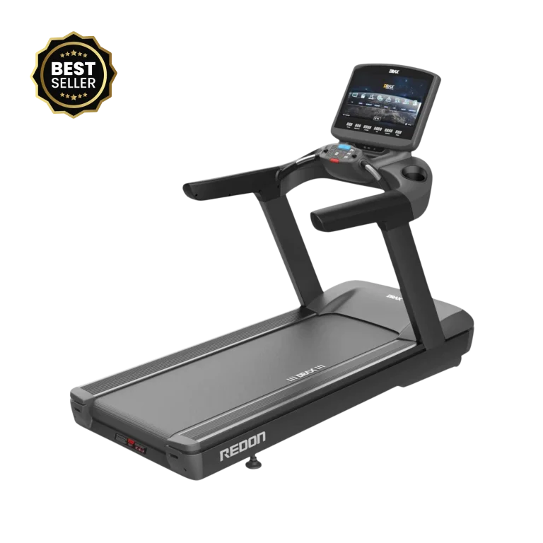 A dynamic shot of the DRAXFIT Treadmill New Redon NRED20X Treadmill in a high-end Dubai fitness center, showcasing its sleek design and the large Android touch screen displaying workout metrics and entertainment options, highlighting its advanced technology for serious athletes in the UAE. This emphasizes advanced tech in a Dubai setting.