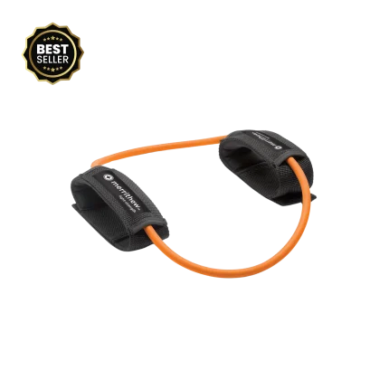 The Merrithew Ankle Tubing being used for a glute kickback exercise, showcasing its ability to precisely target and sculpt the glute muscles for fitness enthusiasts across the Emirates, with various resistance options.