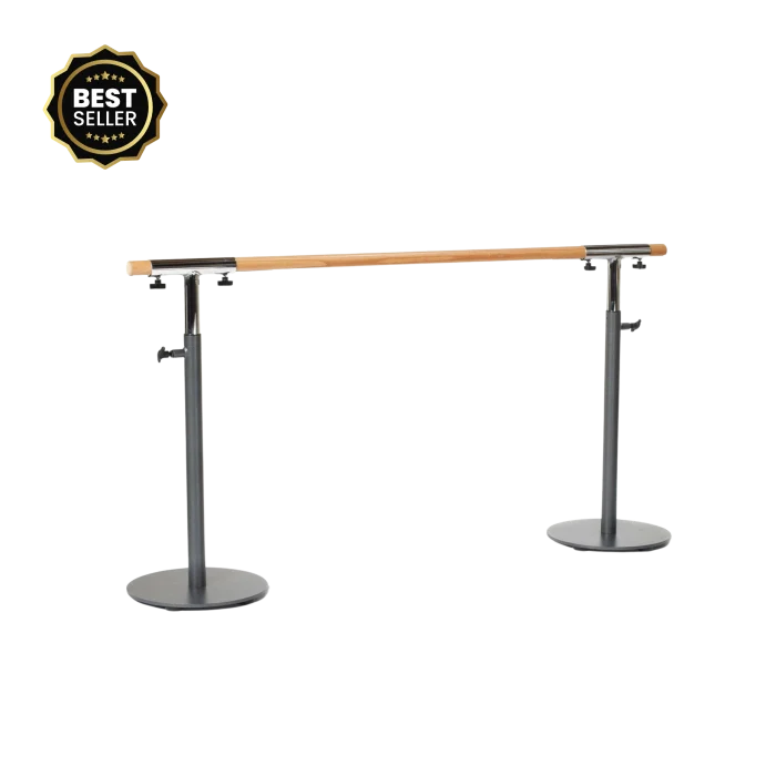 The Merrithew Stability Barre (6 ft, Gray) set up in a bright Dubai fitness studio, showcasing its adjustable height and suitability for group Barre classes in the UAE.