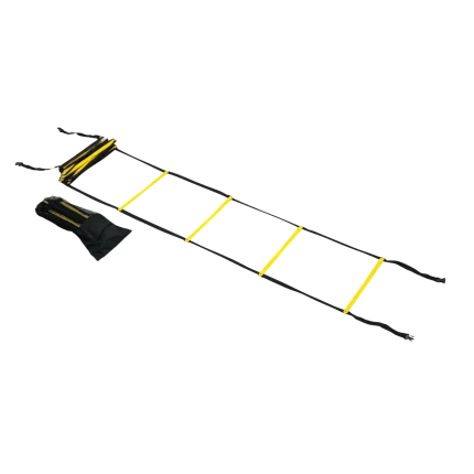 A dynamic shot of an athlete in a Dubai sports facility performing high-knee drills on the Torque Agility Ladder, emphasizing its effectiveness for improving speed and agility for sports training in the UAE's vibrant fitness scene. This highlights the ladder's use in a Dubai fitness context.