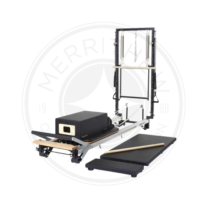 Merrithew SPX Max Plus Reformer Bundle in a bright, modern Dubai Pilates studio, showcasing its versatility and complete set of accessories. Buy Pilates reformer UAE