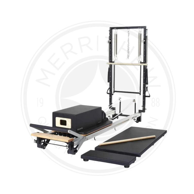 Merrithew SPX Max Plus Reformer Bundle in a bright, modern Dubai Pilates studio, showcasing its versatility and complete set of accessories. Buy Pilates reformer UAE