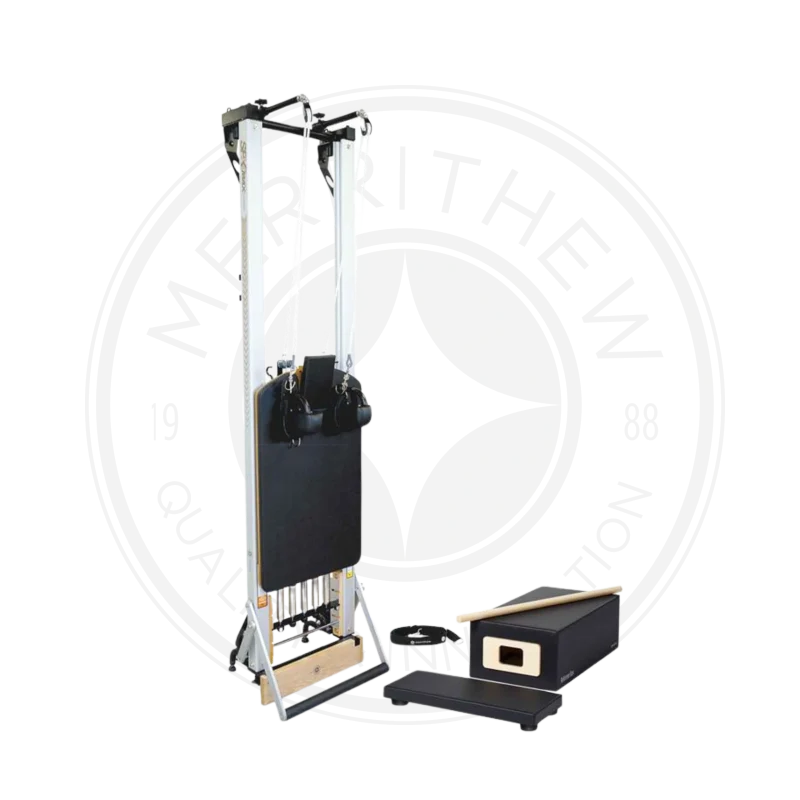 Merrithew SPX Max Reformer with Vertical Frame in a bright Dubai Pilates studio, showcasing its complete setup and versatility. Buy Pilates reformer UAE.