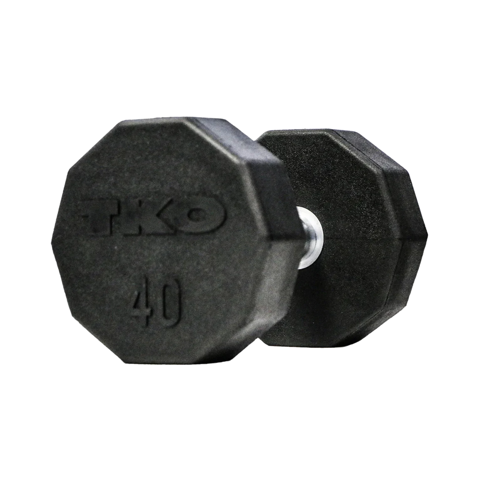 Close-up of a TKO 10-Sided Rubber Dumbbell, highlighting the hard chrome handle and anti-roll design, perfect for safe workouts in Abu Dhabi, UAE. Best rubber dumbbells.