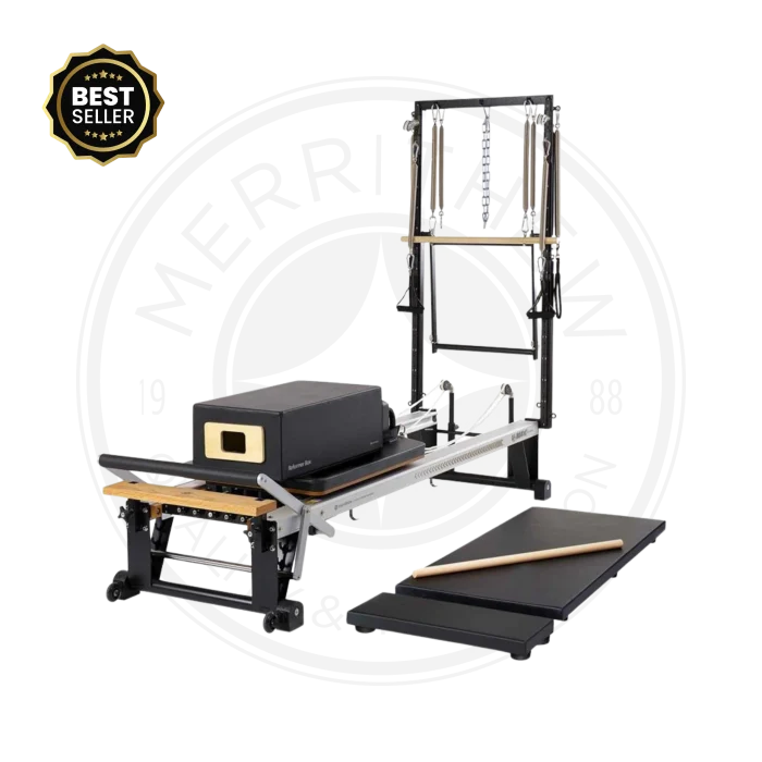 Merrithew V2 Max Plus Reformer Bundle in a luxurious Dubai Pilates studio, showcasing its complete set of accessories and professional-grade quality. Buy Pilates reformer UAE.