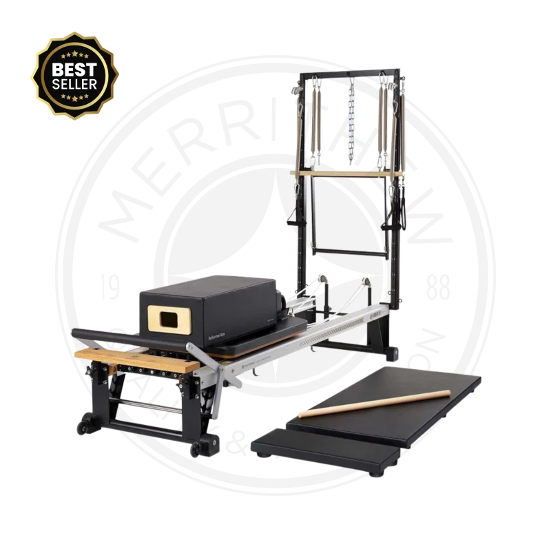 Merrithew V2 Max Plus Reformer Bundle in a luxurious Dubai Pilates studio, showcasing its complete set of accessories and professional-grade quality. Buy Pilates reformer UAE.
