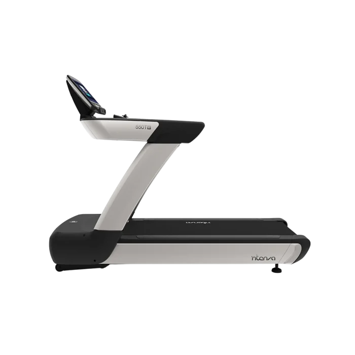 Close-up of INTENZA 550TE2 commercial treadmill touchscreen showing Bluetooth, Intenzacast™ mirroring, and Virtual Scenery options, designed for immersive workouts in the UAE. Perfect choice for personal gyms and commercial fitness centers in Dubai and across the Emirates.
