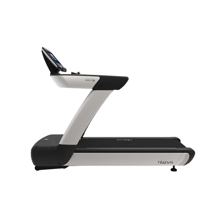 Close-up of INTENZA 550TE2 commercial treadmill touchscreen showing Bluetooth, Intenzacast™ mirroring, and Virtual Scenery options, designed for immersive workouts in the UAE. Perfect choice for personal gyms and commercial fitness centers in Dubai and across the Emirates.