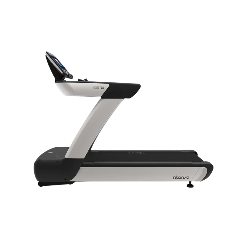 Close-up of INTENZA 550TE2 commercial treadmill touchscreen showing Bluetooth, Intenzacast™ mirroring, and Virtual Scenery options, designed for immersive workouts in the UAE. Perfect choice for personal gyms and commercial fitness centers in Dubai and across the Emirates.