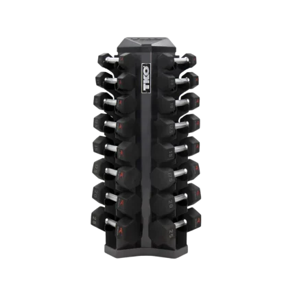 The TKO 8 Pair Vertical Dumbbell Rack shown empty, highlighting its space-saving design ideal for UAE fitness environments. The image displays the tall (44" H), narrow (17" W) frame designed to sit flat against a wall, the eight pairs of injection-molded nylon cradles with visible weight labels, and the patented front-load access structure. This vertical dumbbell rack UAE offers an organized and efficient storage solution for light hex dumbbells (3-25lbs) in commercial gyms, PT studios, or home gyms across Dubai, Abu Dhabi, and Sharjah (TKO fitness accessories AED).
