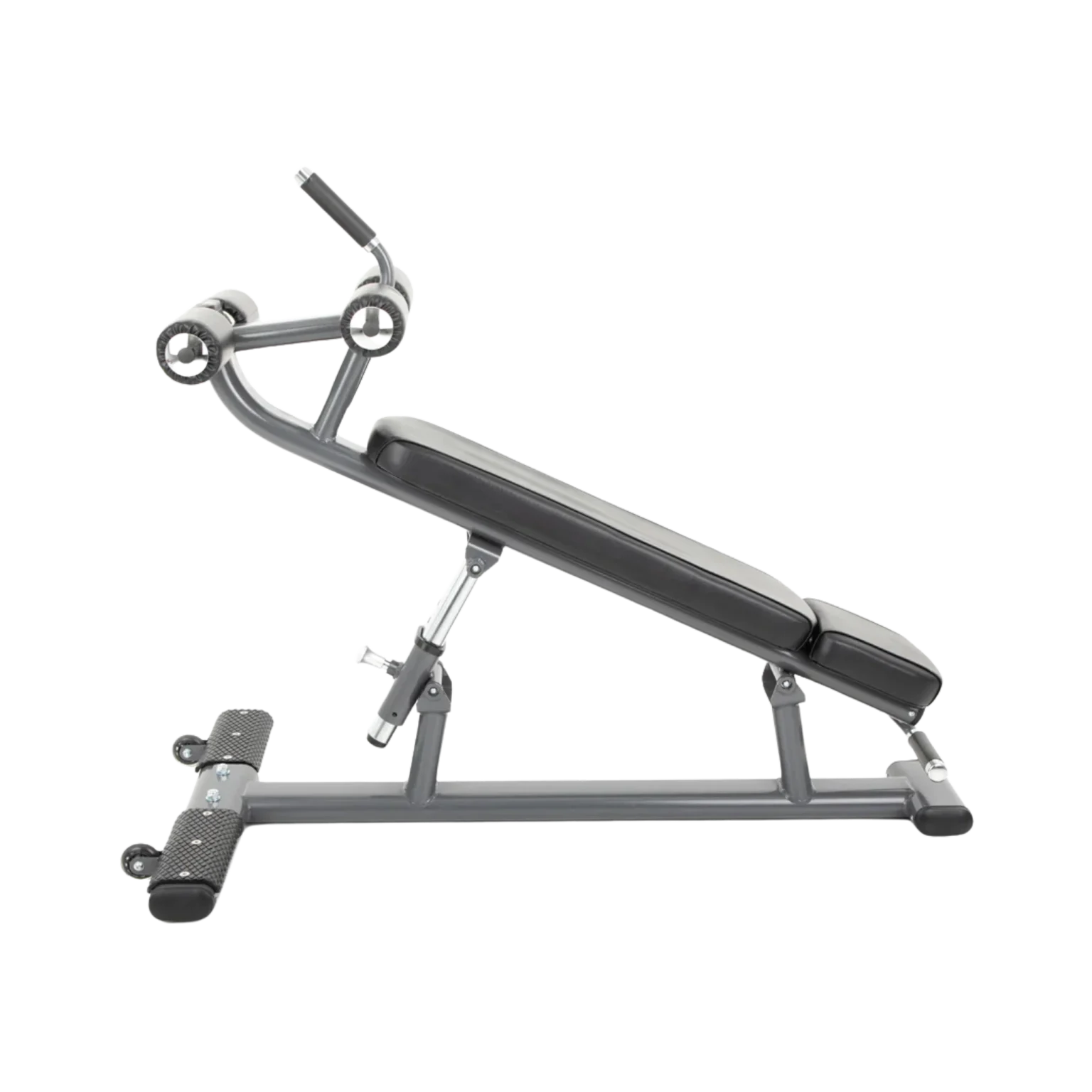 The TKO Commercial Ab Crunch Bench, showcasing its adjustable design ideal for targeted core workouts in the UAE. The image displays the sturdy steel frame in silver, the comfortable black padded backrest set at an adjustable angle, support handles near the headrest, and the leg support rollers. Rear transport wheels are visible, highlighting its portability. This versatile adjustable ab bench UAE is perfect for users of all levels seeking effective abdominal training in home gyms or commercial facilities across Dubai, Abu Dhabi, and Sharjah (AED purchase).