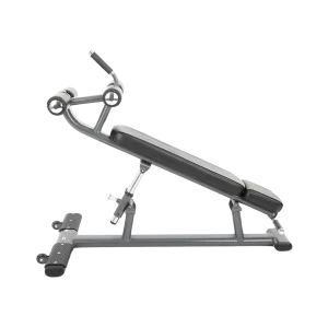 The TKO Commercial Ab Crunch Bench, showcasing its adjustable design ideal for targeted core workouts in the UAE. The image displays the sturdy steel frame in silver, the comfortable black padded backrest set at an adjustable angle, support handles near the headrest, and the leg support rollers. Rear transport wheels are visible, highlighting its portability. This versatile adjustable ab bench UAE is perfect for users of all levels seeking effective abdominal training in home gyms or commercial facilities across Dubai, Abu Dhabi, and Sharjah (AED purchase).