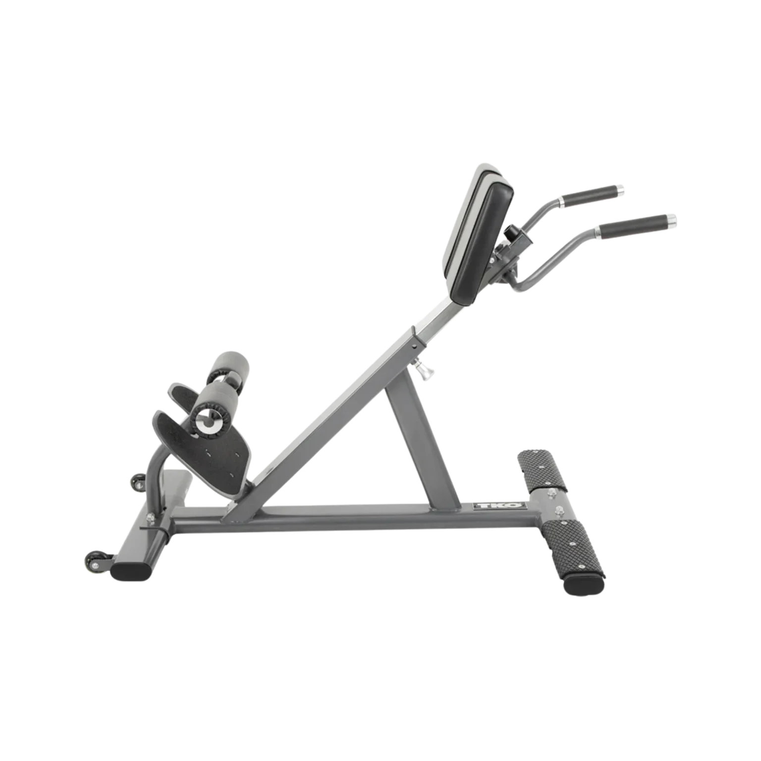 Detailed close-up focusing on the adjustment features of the TKO Hyperextension Bench, critical for UAE user customization. The image likely shows the pop-pin or locking lever system that allows modification through the six height/angle settings, along with the mechanism for adjusting the thigh pads horizontally or vertically for optimal user fit. This highlights the adjustable hyperextension bench functionality enabling users in Dubai, Abu Dhabi, and Sharjah to tailor the exercise intensity and ensure comfortable positioning (Commercial gym equipment AED).