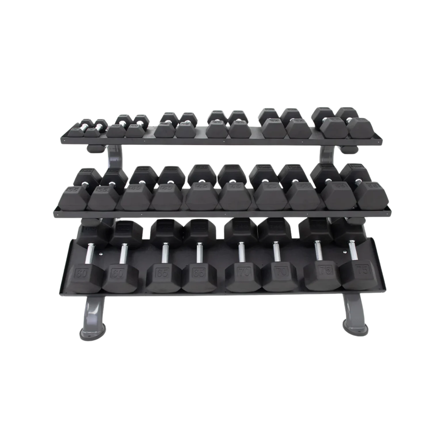 The TKO 3-Tier Horizontal Dumbbell Rack shown empty, highlighting its high-capacity storage potential for UAE commercial gyms. The image displays the robust heavy-gauge steel frame with modern oval tubing, three spacious tiers featuring the unique protective styrene liners, and sturdy base with rubber feet. This commercial dumbbell storage Dubai solution is designed to hold up to 15 pairs of dumbbells, making it ideal for organizing free weight areas in busy fitness centers across Abu Dhabi and Sharjah (TKO fitness equipment AED).
