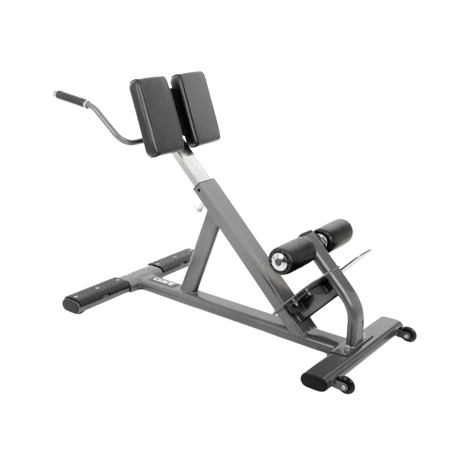 The TKO Commercial Hyperextension Bench, designed for posterior chain strengthening in UAE fitness facilities. This image displays the sturdy steel frame, the angled main pad assembly with adjustable thigh pads prominent, the footplate/rollers for securing the lower legs, and the adjustment mechanism offering six settings. Its wider base ensures stability, making this adjustable back extension machine UAE a reliable choice for commercial gyms in Dubai, PT studios in Abu Dhabi, and home gyms in Sharjah focused on lower back and glute health (TKO fitness equipment AED).