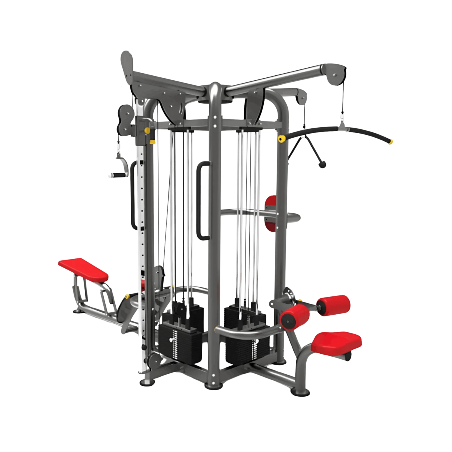 Dynamic shot capturing the essence of the Yanre 6280's primary benefit: four individuals exercising simultaneously on different stations of the cable pod within a vibrant UAE gym setting. One user might be doing a cable row, another a chest press, a third a leg kickback, and the fourth a bicep curl [adjust exercises based on image], demonstrating the machine's versatility for group training classes or peak hour usage in Dubai. This highlights its efficiency for commercial facilities in Abu Dhabi and Sharjah aiming to maximize member capacity and engagement with versatile fitness equipment (AED).