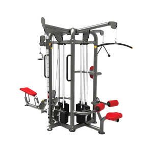 Dynamic shot capturing the essence of the Yanre 6280's primary benefit: four individuals exercising simultaneously on different stations of the cable pod within a vibrant UAE gym setting. One user might be doing a cable row, another a chest press, a third a leg kickback, and the fourth a bicep curl [adjust exercises based on image], demonstrating the machine's versatility for group training classes or peak hour usage in Dubai. This highlights its efficiency for commercial facilities in Abu Dhabi and Sharjah aiming to maximize member capacity and engagement with versatile fitness equipment (AED).