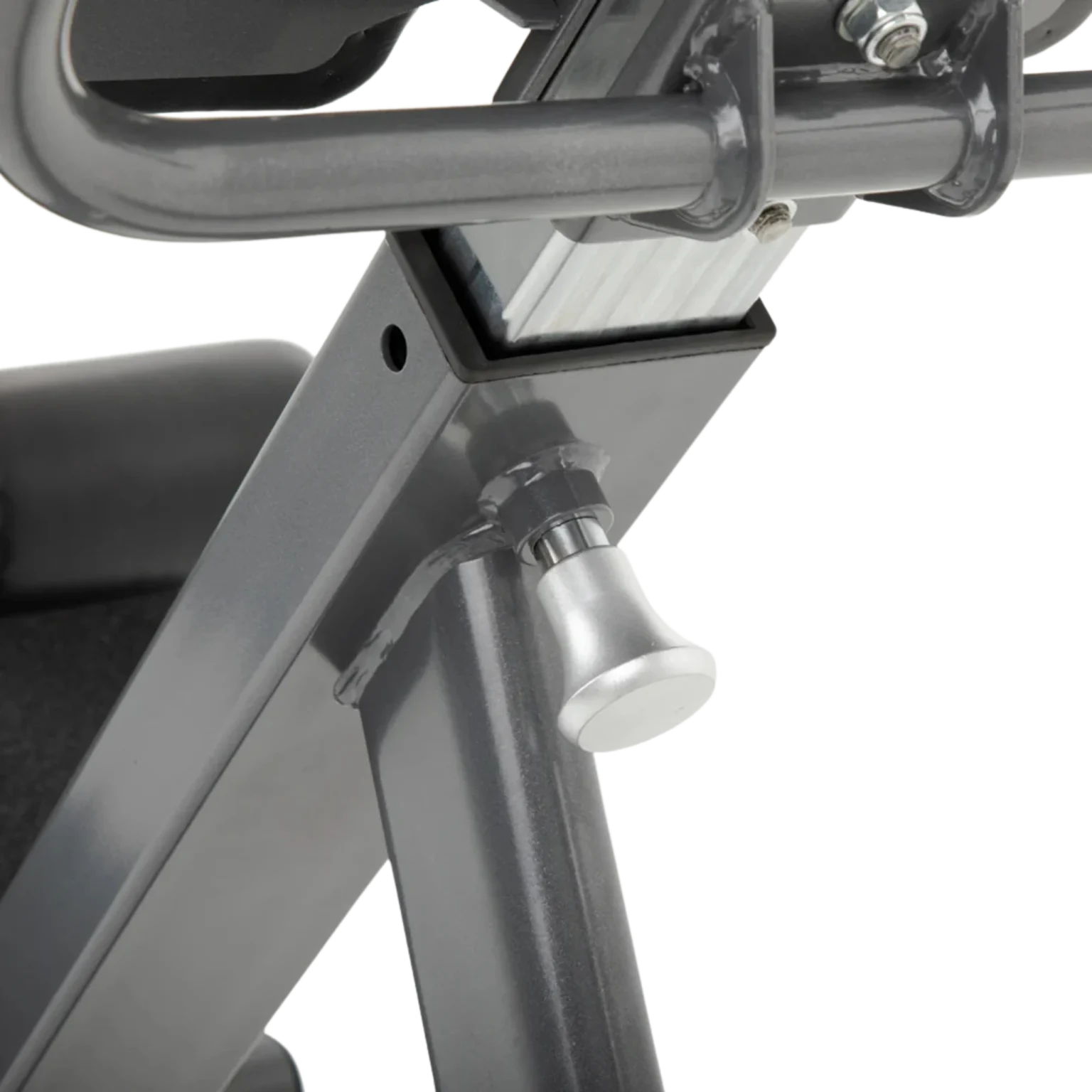 Close view of the large, contoured thigh pads on the TKO Hyperextension Bench, emphasizing user comfort and support essential for UAE clients. The image showcases the thick, high-density foam padding covered in durable black commercial-grade upholstery, designed to comfortably cushion the upper thighs/hips during back extensions or glute-ham raises. Proper padding prevents discomfort and allows users in Dubai, Abu Dhabi, or Sharjah to focus on the exercise (TKO Roman chair UAE AED).