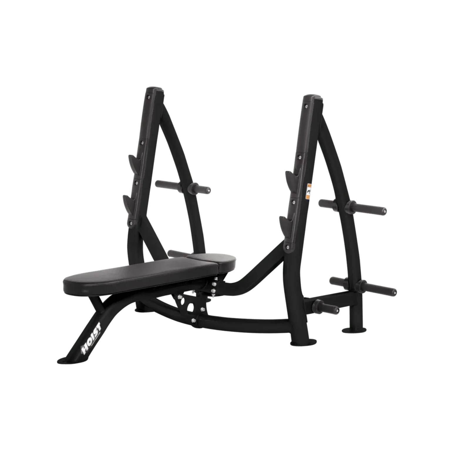 The Hoist CF Olympic Flat Bench with integrated plate storage, showcasing its premium design and robust construction ideal for the UAE commercial fitness market. Displayed is the heavy-duty steel frame in a sleek finish, the thick padded bench for user comfort, sturdy uprights with bar catches, and the conveniently located weight plate storage horns at the rear. This image represents a top-tier commercial bench press UAE solution, combining Hoist's renowned American engineering and European styling, perfect for attracting discerning members in high-end Dubai, Abu Dhabi, and Sharjah gyms seeking quality equipment (AED purchase).
