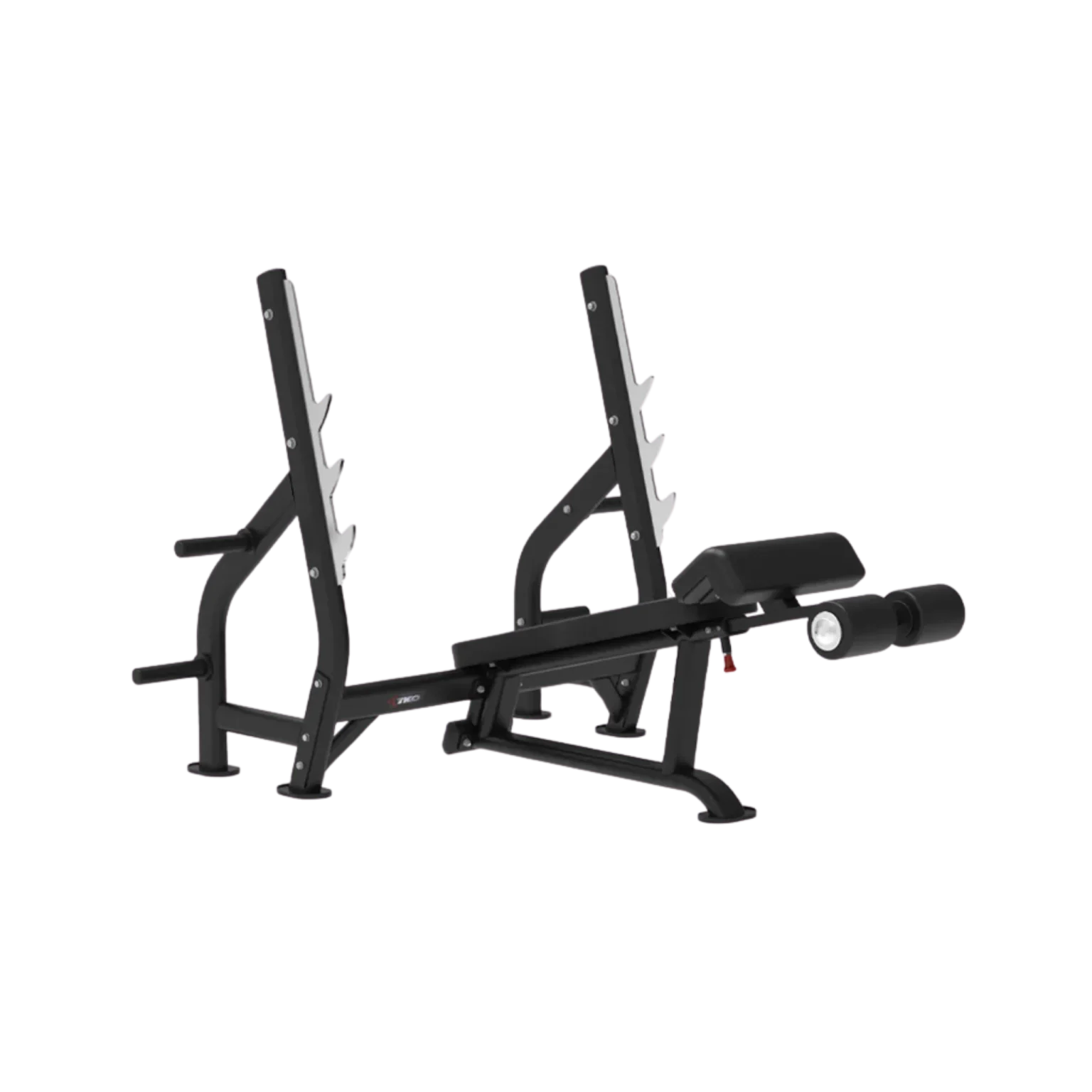 The TKO Olympic Decline Bench, showcasing its fixed 15-degree angle designed for targeted lower chest workouts in UAE gyms. This image displays the robust steel frame, the essential adjustable leg roller pads for user safety and stability, the heavy-duty uprights with 8mm stainless steel bar hooks, and the four integrated weight plate storage horns. This commercial-grade decline bench press UAE solution from TKO Fitness is built for durability and performance, making it ideal for professional fitness facilities in Dubai, Abu Dhabi, and Sharjah seeking specialized strength equipment (AED purchase).