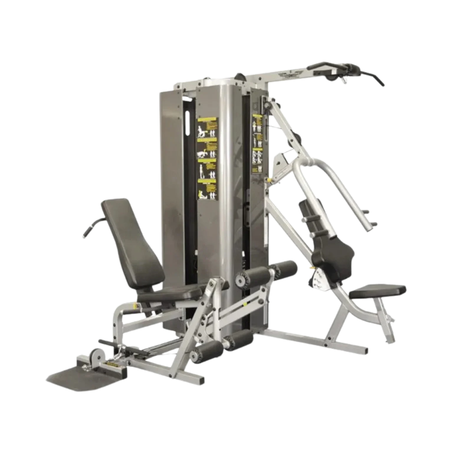 The complete Inflight Fitness Vanguard Multi Gym with protective shrouds elegantly displayed, showcasing its multi-station design perfect for comprehensive workouts in the UAE. Visible stations include the chest press, lat pulldown bar, leg extension/curl attachment, and low pulley row connector. The dual shrouded weight stacks indicate its heavy-duty capacity (starting at 200lbs each, upgradeable) and safety features, making it ideal for premium home gyms in Dubai or commercial fitness centers in Abu Dhabi seeking a high-quality, all-in-one strength training solution available for purchase in AED with L/R configurations available for optimal Sharjah space fitting.