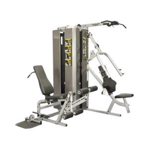 The complete Inflight Fitness Vanguard Multi Gym with protective shrouds elegantly displayed, showcasing its multi-station design perfect for comprehensive workouts in the UAE. Visible stations include the chest press, lat pulldown bar, leg extension/curl attachment, and low pulley row connector. The dual shrouded weight stacks indicate its heavy-duty capacity (starting at 200lbs each, upgradeable) and safety features, making it ideal for premium home gyms in Dubai or commercial fitness centers in Abu Dhabi seeking a high-quality, all-in-one strength training solution available for purchase in AED with L/R configurations available for optimal Sharjah space fitting.